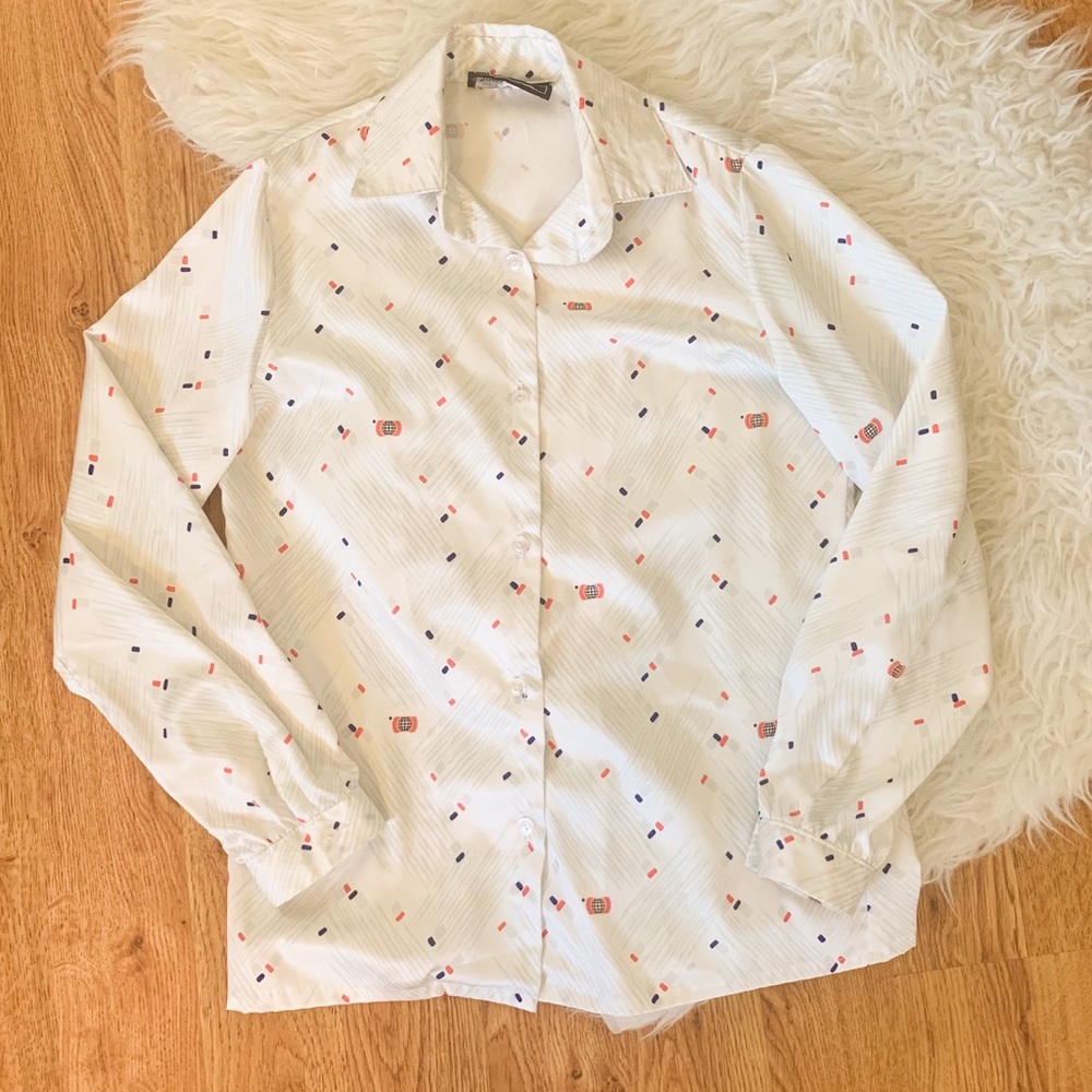 Vintage 80s White Abstract Patterned Button Down 8 - image 1